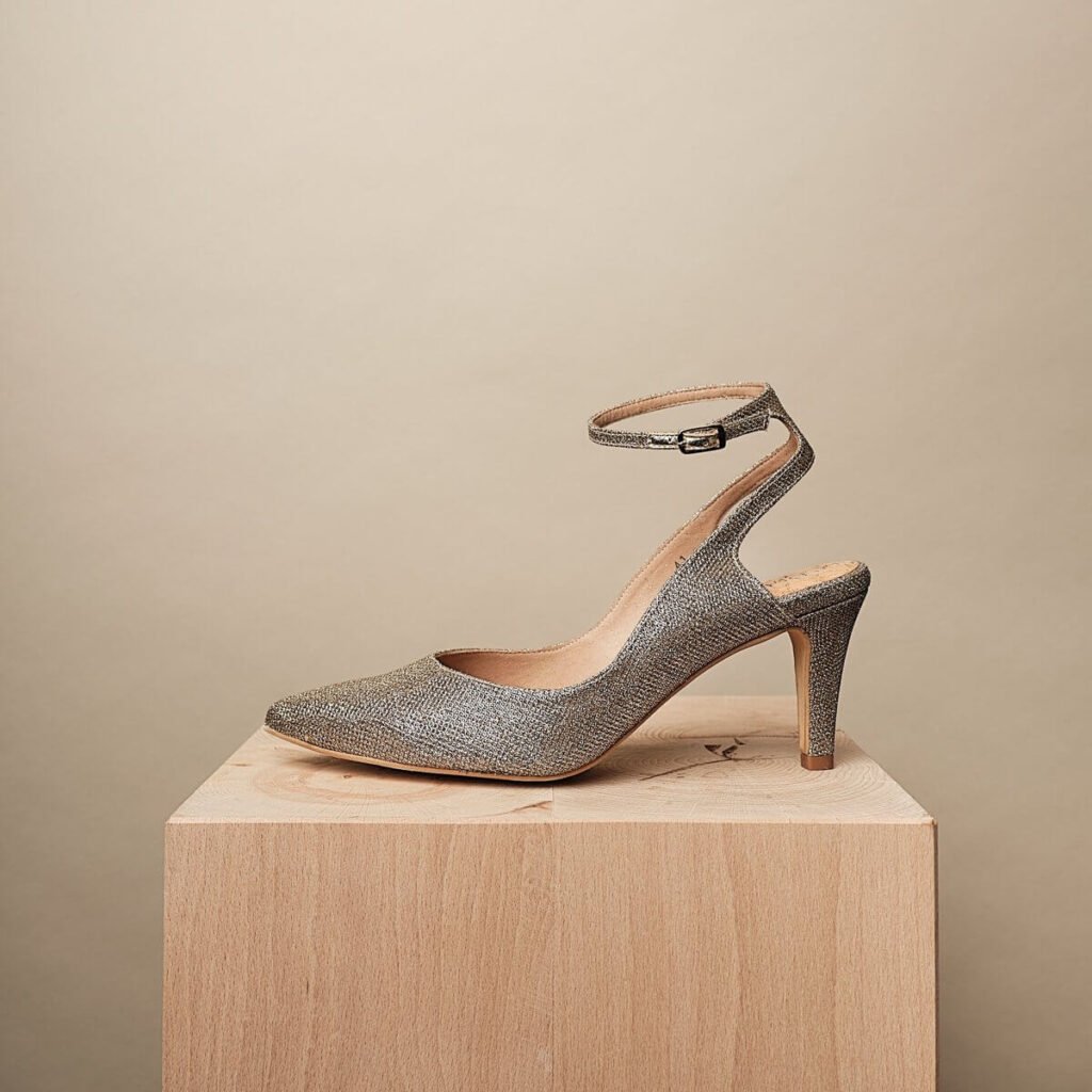 Example of Bhava vegan heels, slingback heels in glitter vegan material