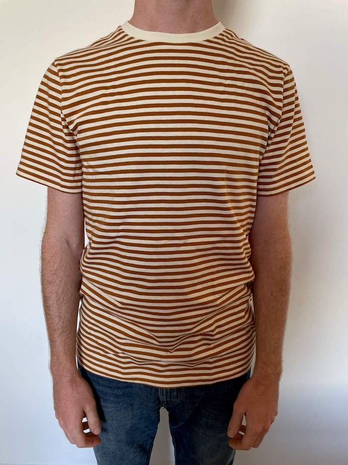Organic Basics organic T-shirt in Ocre Stripe size S
