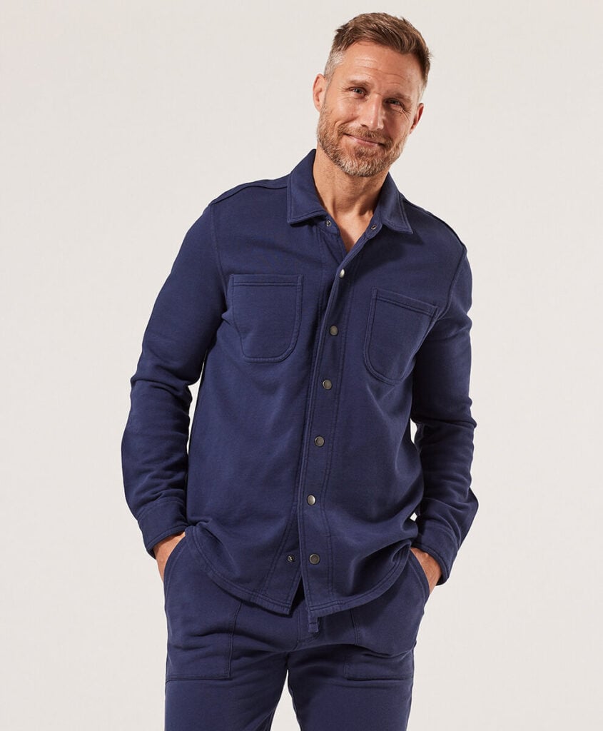 Pact sustainable and organic mens clothing featuring blue shirt