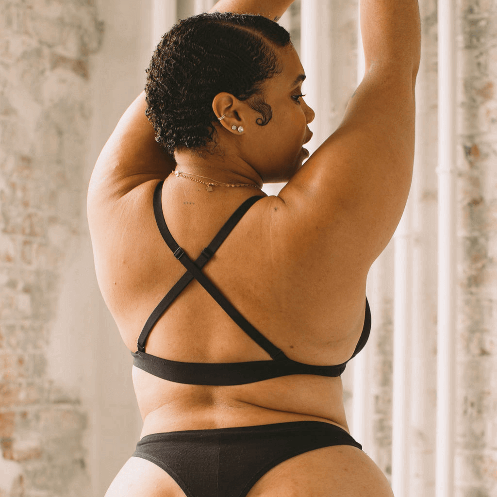 Pantee sustainable lingerie black bra and thong set shown from the back 